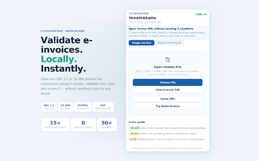 InvoiceLens - E-Invoice Viewer & Validator :: Validate UBL 2.1 and CII XML e-invoices locally. PEPPOL validator. 15+ rules. CSV export. No upload. No server. 50+ countries.