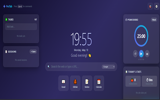 ProTab – Pomodoro Timer & Productivity :: Pomodoro timer, focus mode, tab manager, to-do list, site time limits, ambient sounds, daily goals & productivity new tab.