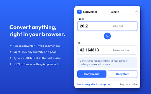Convertal :: Fast unit converter — popup, right-click any quantity, or use the cv keyword. Nothing leaves your browser.