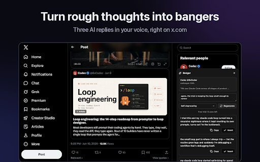 Banger: AI Posts & Replies that Grow Your X :: Turn rough thoughts into bangers. AI replies and posts in your voice that grow your X account. Bring your own AI key.