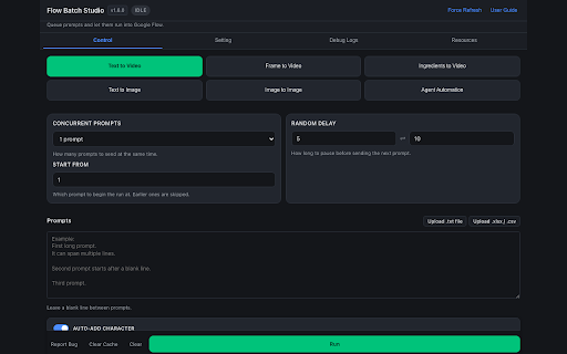 Flow Batch Studio — Prompt Queue for Google Flow :: Queue unlimited prompts into Google Flow, pair images with prompts, run them in sequence and download the results automatically.