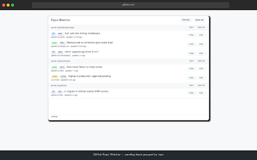 GitHub Repo Watcher :: Alerts when tracked GitHub repos have new issue/PR activity waiting for your attention.