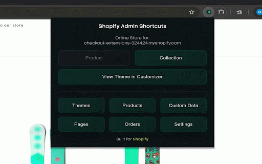 Shopify Admin Shortcuts :: Quickly open Shopify Admin Sections for the store you're currently on. Open Products or Collections you are currently viewing.