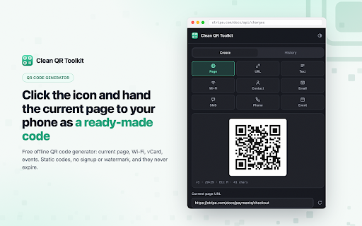 Clean QR Toolkit - Free Offline QR Code Generator :: Free offline QR code generator: current page, Wi-Fi, vCard, events. Static codes, no signup or watermark, and they never expire.