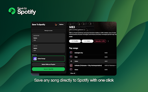 Save To Spotify :: Save the currently playing song from popular music sites to your Spotify playlists or Liked Songs.