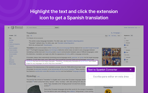 Convert Text To Spanish :: Activate this extension and right-click on any selected text to instantly translate it into Spanish language