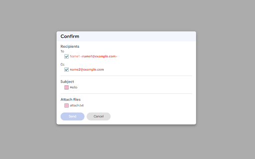 Gmail confirm before sending :: This is a extension to confirm before sending in Gmail. It displays a confirmation dialog when you send a mail.
