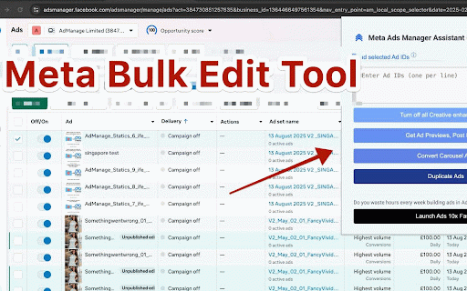 Meta Ads Manager Assistant by Admanage.ai :: This tool allows you to turn off Advantage+ creative optimizations in bulk across multiple ads, get ad previews along with post IDs…