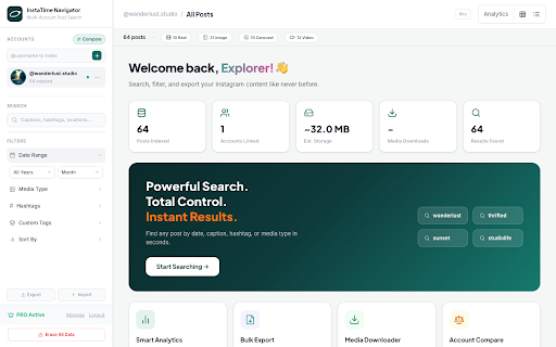 InstaTime: Search Instagram Posts by Date & Reach Score :: Stop endless scrolling. Search any Instagram profile by exact date, caption keyword, or hashtag with instant analytics.