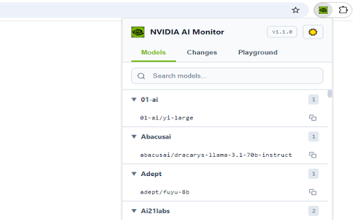 NVIDIA AI Models Monitor :: Search NVIDIA AI models, track change history, and test models in an interactive Playground with streaming and parameter control.