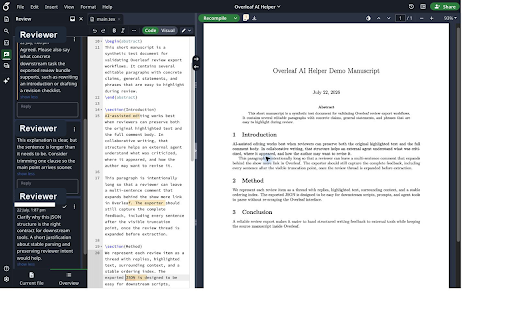 Overleaf AI Agent Helper :: Export complete Overleaf review comments, highlights, and context to CSV or JSON for external editing and AI workflows.