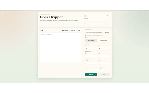 Docs Dripper :: Human-like text dripping into Google Docs with pacing, duration targets, and typo correction.