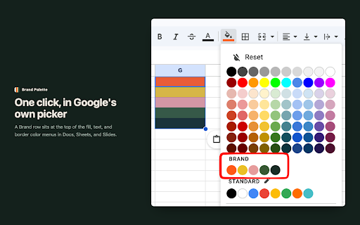 Custom Color Palette for Google Workspace Docs, Sheets & Slides :: Adds your company brand colors directly into the native color pickers in Google Docs, Sheets, and Slides.