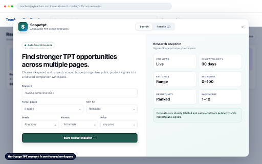 Scopetpt TPT Extractor :: TPT product research for POD Network members with in-page insights, smart filters, multi-page search, and estimates.