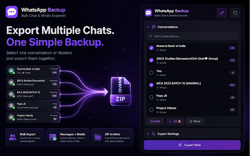 WhatsApp Bulk Chat Backup & Export :: Bulk export WhatsApp chats to HTML/CSV/Excel/JSON. Filter by date range & download media. Fast, private, 100% local.