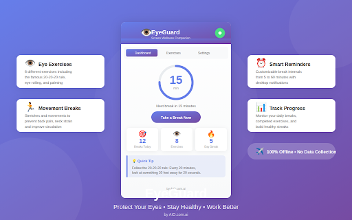 EyeGuard :: Screen wellness companion with break reminders, eye exercises & stretches. Protect your health!