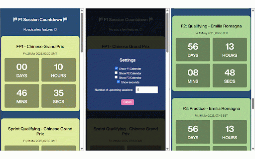 F1 Session Countdown :: Displays F1 session countdown as a pop-up.