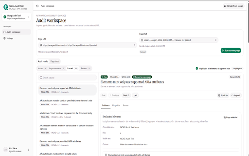 WCAG Audit Tool :: Audit web pages for WCAG 2.2 AA issues, inspect page structure and focus order, and synchronize accessibility reports.