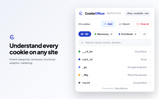 Cookie Inspector by CookieOfficer :: 🍪 Check, edit and clear every cookie on any site - instantly classified by category, purpose and vendor. No login, no tracking.