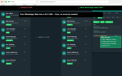 WhatsApp Web CRM™ :: CRM for WhatsApp Web — tag contacts, pipeline stages, notes, follow-up reminders, search & CSV export. Data stored locally.