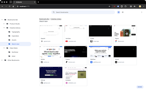 Gridmarks :: A Chrome-like bookmark surface with a denser Opera-style grid layout.
