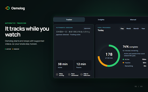 Osmolog - Language Immersion Tracker :: Automatically track language immersion on YouTube, Netflix, Crunchyroll & Twitch. Anki integration. No account required.