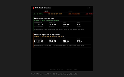 HTML Size Checker :: Audit HTML page weight, TTFB, and compression for SEO and LLM indexing.