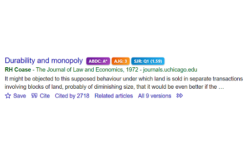 ScholarRank - Google Scholar Journal Rankings :: Displays ABDC, AJG (ABS), FT50, and ScimagoJR (SJR) journal rankings directly in Google Scholar search results.