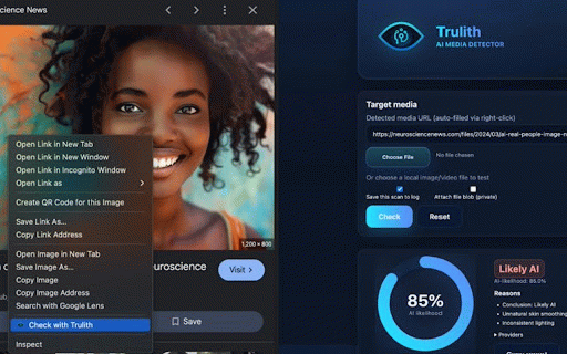 Trulith – AI Image Detector and Verification Tool :: Right-click any image or video to check if it's AI-generated using Trulith's detector.