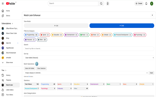 YouTube Watch Later Enhancer :: Enhance YouTube Watch Later playlist with grid view, auto-categorization, filtering, and more