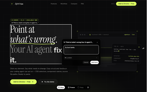 AgentEye :: Visual feedback for AI coding agents — click elements, annotate, and send structured feedback.