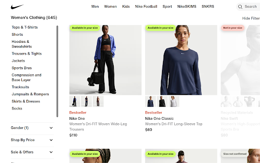 Actually Available :: Hide fashion products that are not actually available in your size.