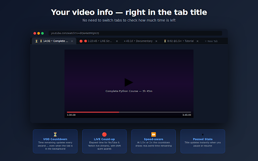 Tab Video Timer :: Adds a countdown timer to your tab title showing time remaining on any video.