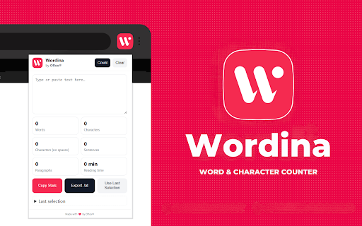 Wordina — Word & Character Counter :: Wordina — All-in-one Word Counter extension with read time, Last Selection, Copy, and .txt export option.