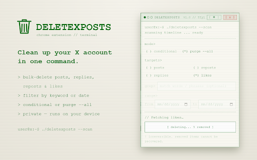 DeleteXPosts :: Delete your X/Twitter tweets, retweets, replies, and likes