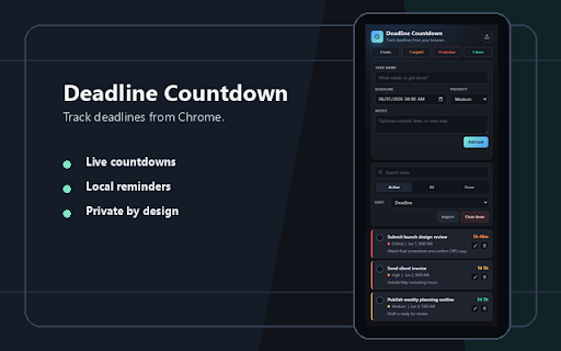 Deadline Countdown :: Track deadlines, countdowns, priorities, notes, and browser reminders from a private local popup.