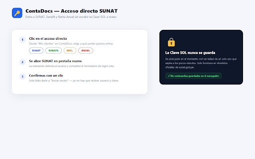 ContaDocs — Acceso directo SUNAT :: Completa el login de SUNAT y AFPnet con las claves guardadas en ContaDocs, sin tener que escribirlas a mano.