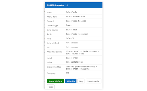 D365FO Inspector :: Inspect D365 Finance & Operations fields, data sources and tables. Created by Mohammed Salah.