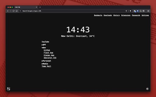 Minimal New Tab :: A minimal, new tab page with clock, weather, and bookmarks with theme support