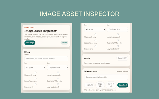 Image Asset Inspector :: Find and inspect image assets on any page, including img tags and CSS background images.