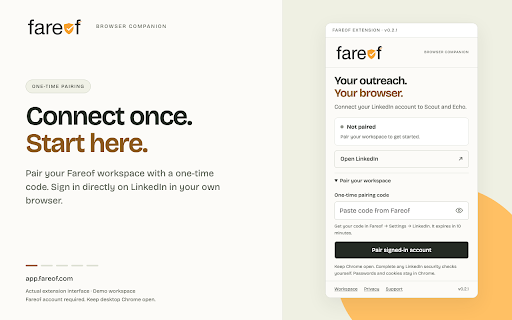 Fareof Browser Companion :: Connect your LinkedIn session to Fareof. Your password never leaves Chrome.