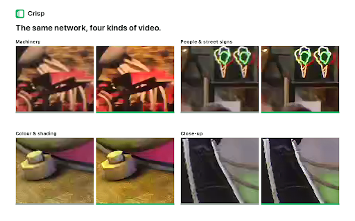 Crisp — AI Video Quality Enhancer, Upscaler & Sharpener for Blurry Video :: Sharpens blurry, low-quality video as it plays, on any site. Free, runs on your own computer, nothing uploaded.