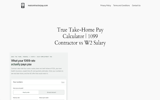 1099 vs W2 Rate Converter | Real Contractor Pay :: Instantly calculate true net take-home pay, self-employment taxes (15.3%), and equivalent W2 salary rates.