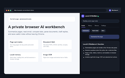 Local AI Workbench :: On-device AI side panel for Chrome: summarize pages, read documents, draft text, and keep private local notes.