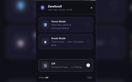 ZeroScroll: YouTube Distraction Filter :: Stay focused on YouTube. Block the feed, Shorts, and recommendations — with a built-in Break Timer that auto-locks when time is up.