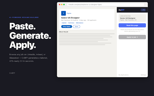 CvBFF — AI Resume & CV Builder :: AI resume & CV builder for job applications. Paste a job posting and get a tailored resume, cover letter, and fit score in seconds.