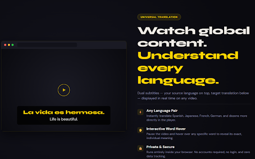 DualSub — Dual Subtitle Translator :: Real-time dual subtitles on Netflix, Prime Video, and YouTube. Translate any language pair instantly.