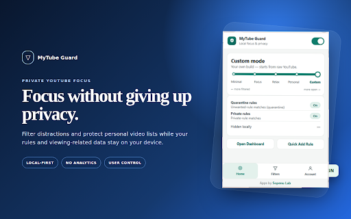 MyTube Guard - YouTube Filter & Vault - Block Channels, Shorts, Keywords :: Block channels, hide Shorts, filter keywords, and save videos in a PIN-protected vault. A modern, privacy-first YouTube blocker.