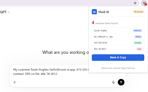 Mask AI - PII Detection for AI Chatbots :: Detect and mask sensitive data before pasting into ChatGPT, Claude, or Gemini. 100% client-side.