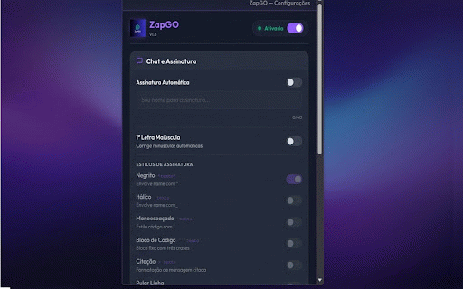 ZapGO :: Assinatura e formatação automática para WhatsApp Web.
